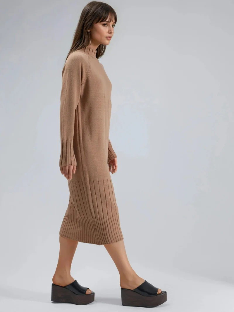 MY FASHION Camel Brown MY FASHION Half Turtleneck Midi Knitwear Dress for Women | Best Price UAE